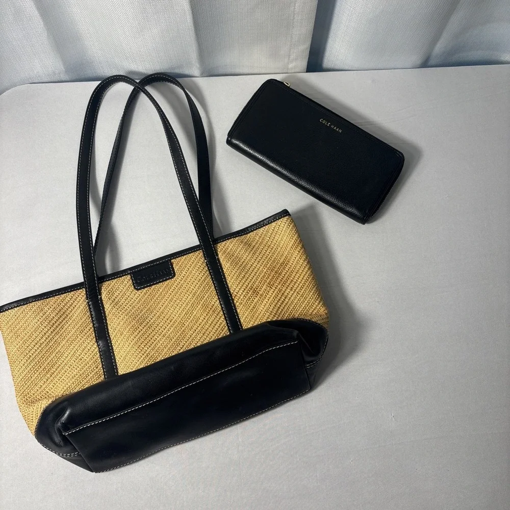 Cole Haan Purse & Wallet Woven Straw Black Faux Leather Shoulder Floral Accents